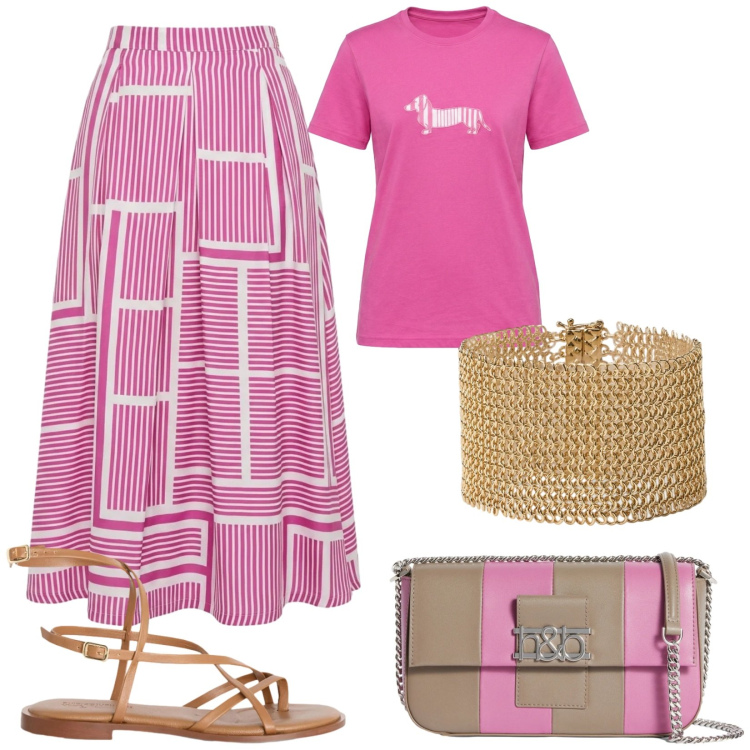 Outfit donna - Mediterranea glow. Stile Preppy per Serata fuori. Abbinamento con borse a spalla, sandali in pelle, t-shirt, gonne, braccialetti.