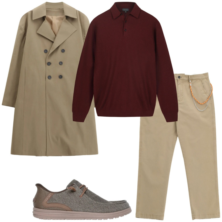 Outfit uomo - Beige e bordeaux. Stile Casual per Tutti i giorni. Abbinamento con trench, pantaloni, scarpe stringate, maglieria.