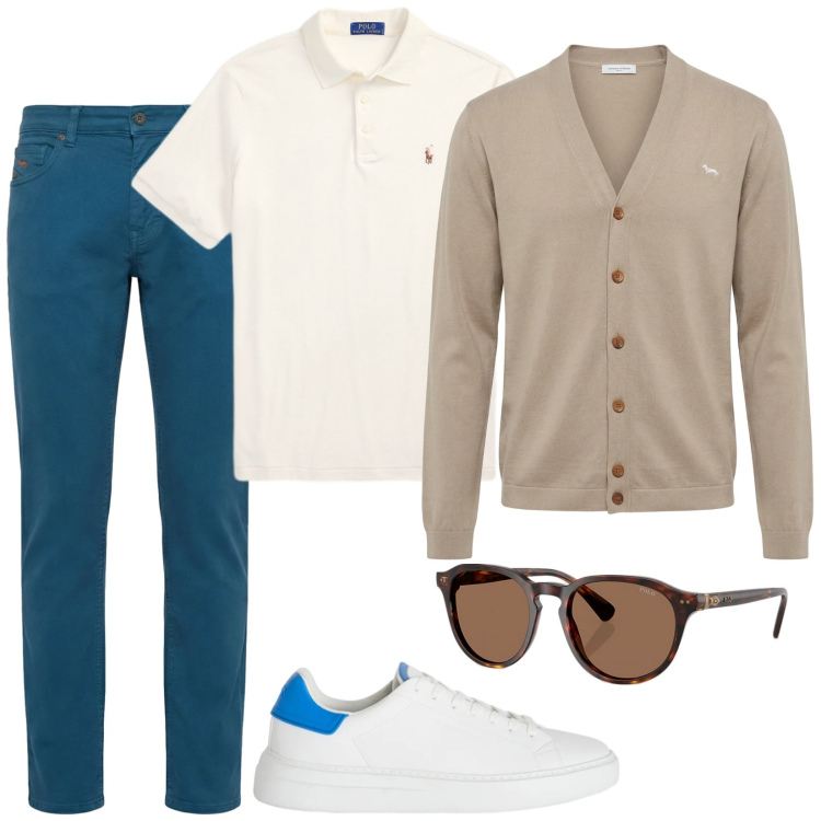 Outfit uomo - Self confidence. Stile Casual per Tutti i giorni. Abbinamento con sneakers, cardigans, pantaloni, occhiali da sole, polo.