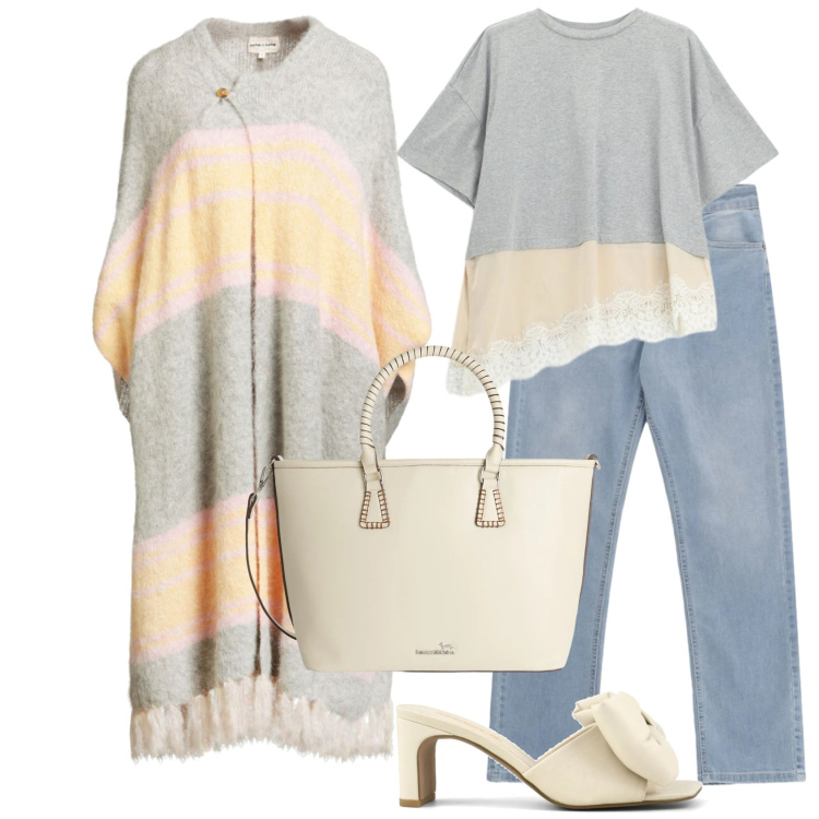 Outfit donna - Primavera che valorizza - curva style. Stile Glamour per Tutti i giorni. Abbinamento con cappe, shopping bag, t-shirt, jeans, sandali col tacco.