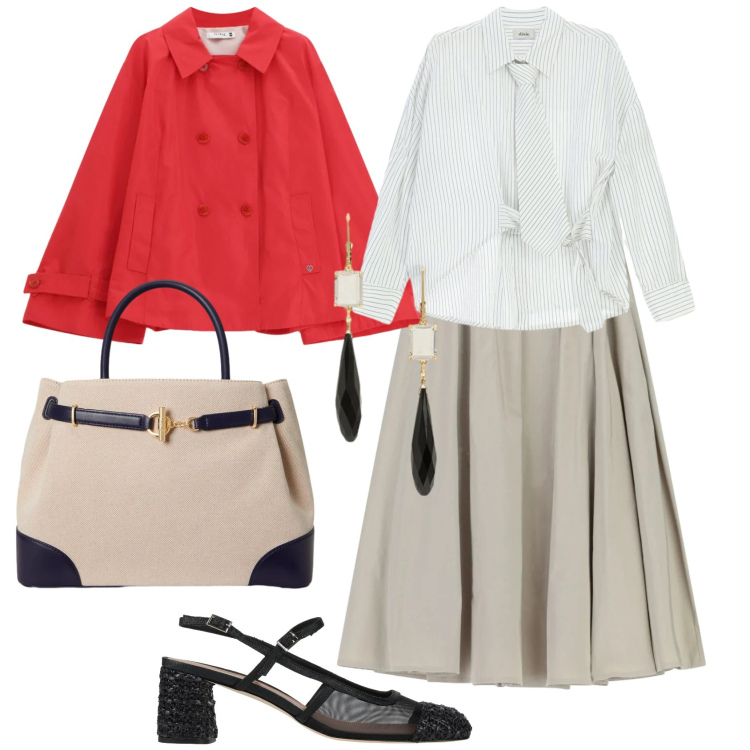 Outfit donna - Bantoa SS26. Stile Chic per Tutti i giorni. Abbinamento con décolleté, gonne lunghe, camicie, giacche, orecchini, borse a mano.