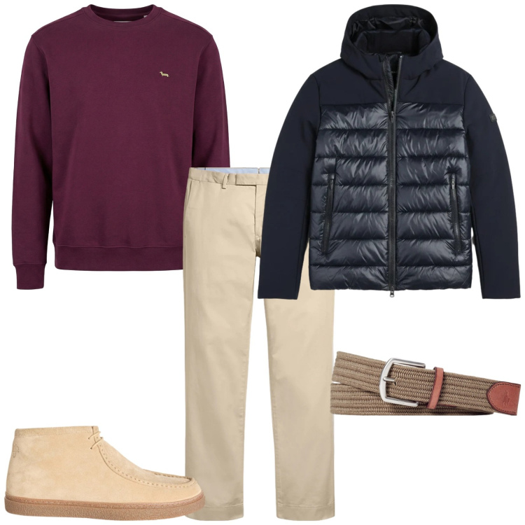 Outfit uomo - Dammi 3 colori. Stile Casual per Tutti i giorni. Abbinamento con stivali e stivaletti, felpe, giacche, cinture, pantaloni chino.