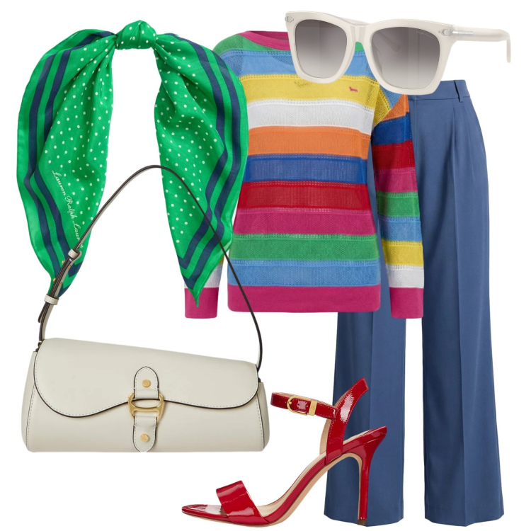 Outfit donna - Charly\'s Angels style. Stile Casual chic per Tutti i giorni. Abbinamento con pantaloni, maglieria, sandali col tacco, occhiali da sole, borse a spalla, foulard.
