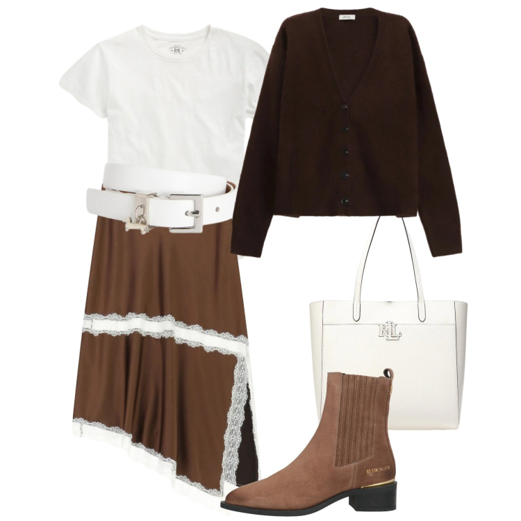 Outfit donna - Marzo. Stile Boho per Tutti i giorni. Abbinamento con stivaletti chelsea, cinture, gonne longuette, cardigans, borse tote, t-shirt.