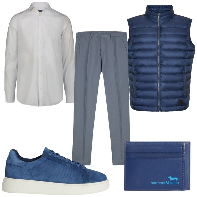 Outfit uomo - Aperitivo con gli amici. Stile Casual per Serata speciale. Abbinamento con sneakers, portafogli, piumini, pantaloni, camicie.