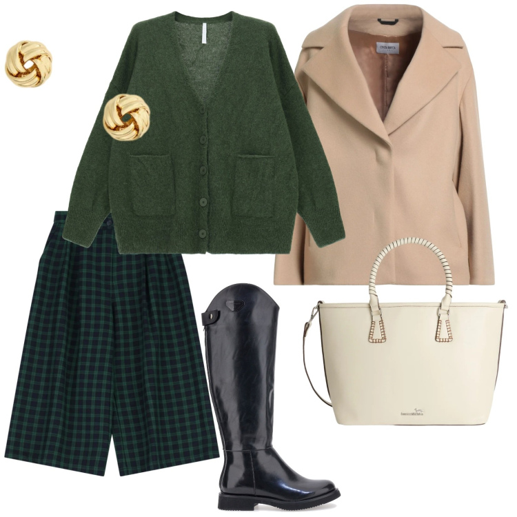 Outfit donna - Sabato mattina. per Tutti i giorni. Abbinamento con cappotti, shopping bag, cardigans, shorts, orecchini, stivali.