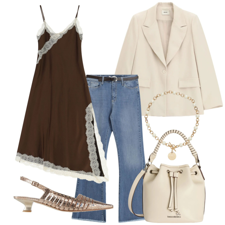 Outfit donna - Tendenza sottana. Stile Chic per Serata fuori. Abbinamento con décolleté, borse a secchiello, vestiti lunghi, blazer, jeans, collane.