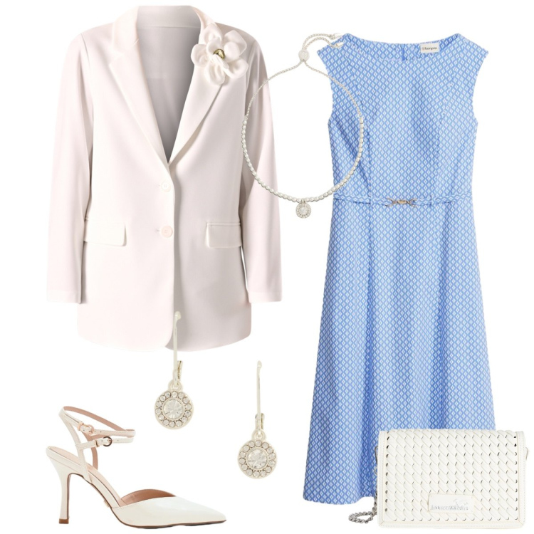 Outfit donna - Total look #2353972. Stile Bon Ton per Cerimonia. Abbinamento con vestiti, borse a tracolla, décolleté, blazer, braccialetti, orecchini.