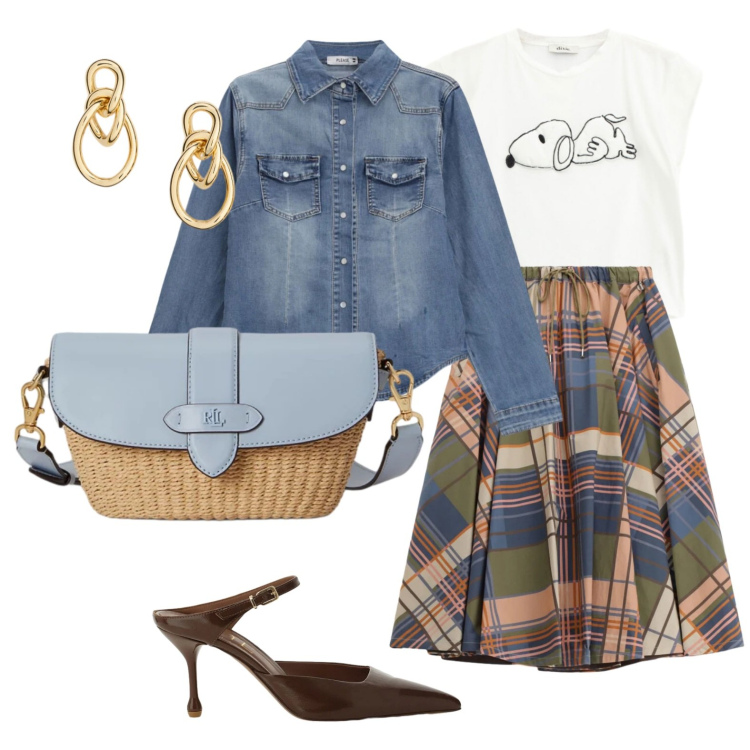 Outfit donna - Camicia di jeans. Stile Glamour per Tutti i giorni. Abbinamento con t-shirt, gonne lunghe, décolleté, camicie, borse a spalla, orecchini.