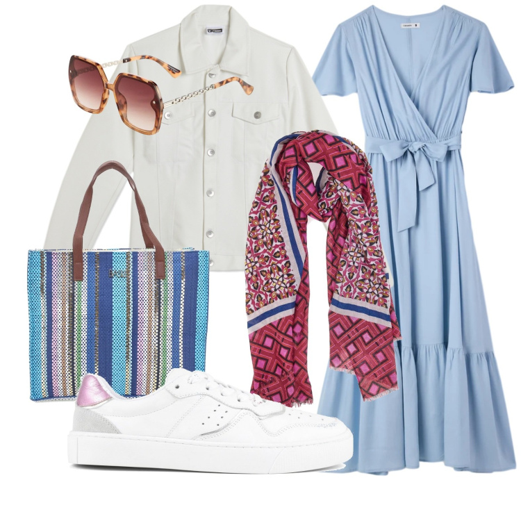 Outfit donna - Pranzo di primavera. Stile Basic per Tutti i giorni. Abbinamento con occhiali da sole, vestiti lunghi, giacche, foulard, shopping bag, sneakers.