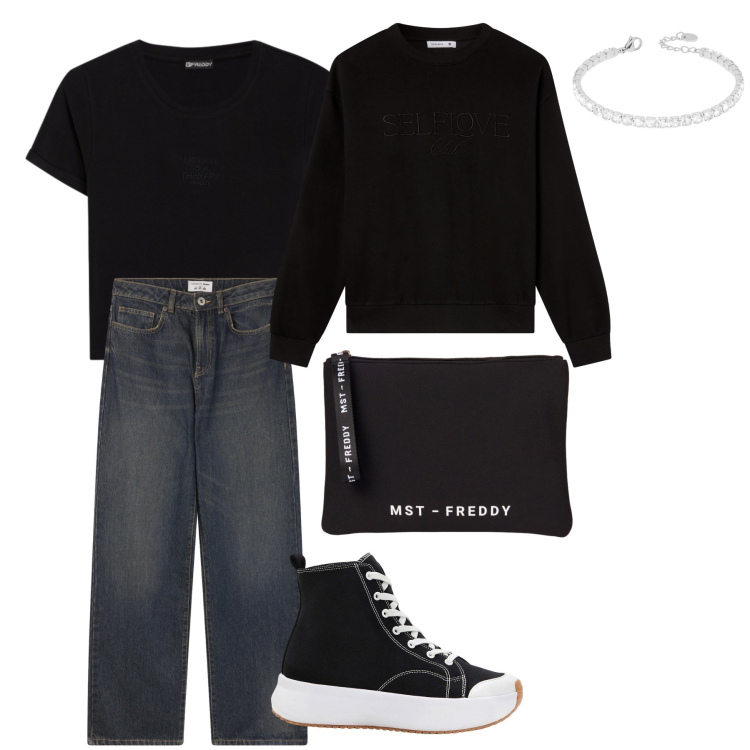 Outfit donna - casual. Stile Casual per Tutti i giorni. Abbinamento con sneakers alte, jeans dritti, felpe, braccialetti, t-shirt, pochette.