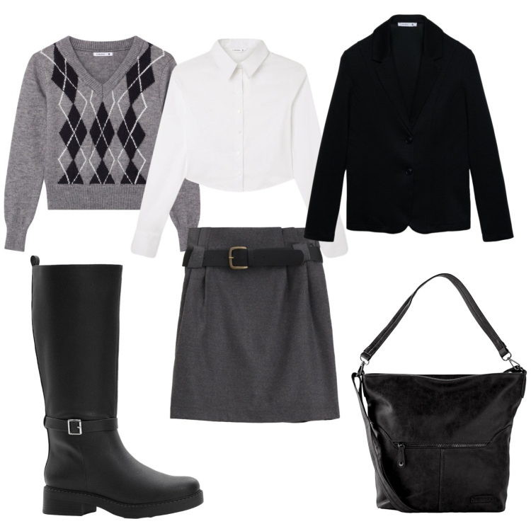 Outfit donna - In ufficio comoda e curata. Stile Casual per Tutti i giorni. Abbinamento con borse a spalla, stivali, blazer, camicie, pullovers, minigonne.