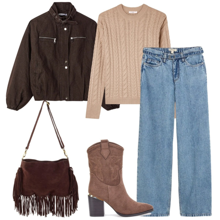 Outfit donna - Total look #2353990. Stile Urban per Tutti i giorni. Abbinamento con borse a tracolla, jeans dritti, maglieria, bomber, stivaletti texani.