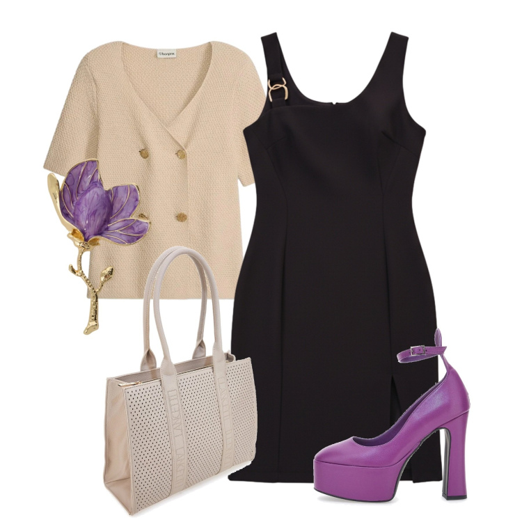 Outfit donna - Una spilla sul cardigan. Stile Chic per Serata fuori. Abbinamento con cardigans, blazer, vestiti a tubino, borse a spalla, décolleté.