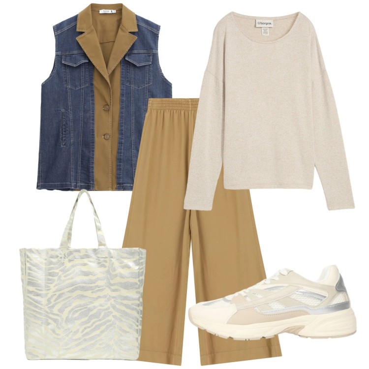 Outfit donna - Dettagli denim. Stile Basic per Tutti i giorni. Abbinamento con maglieria, sneakers, shopping bag, pantaloni a palazzo, gilet.