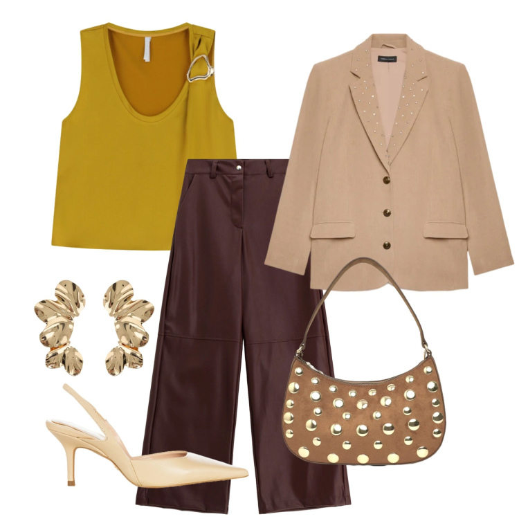 Outfit donna - Serata chic. Stile Chic per Serata fuori. Abbinamento con borse a tracolla, top, blazer, orecchini, pantaloni a palazzo, décolleté.