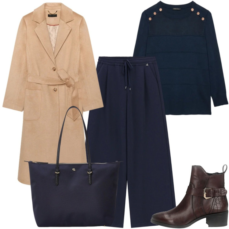 Outfit donna - Total look #2353997. Stile Urban per Ufficio. Abbinamento con maglieria, cappotti, pantaloni a palazzo, borse tote, stivaletti.
