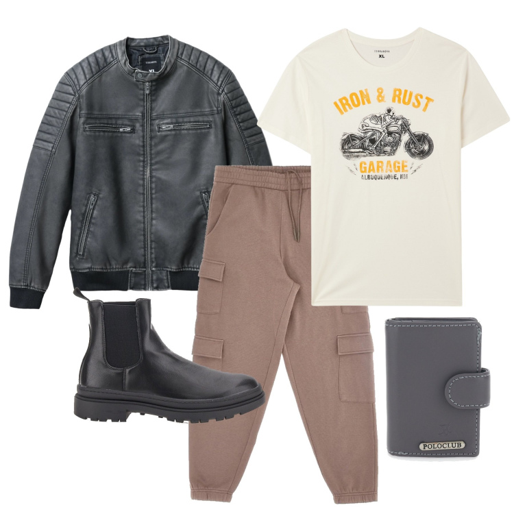 Outfit uomo - Marzo. Stile Trendy per Tutti i giorni. Abbinamento con t-shirt, giacche, portafogli, stivali e stivaletti, pantaloni cargo.