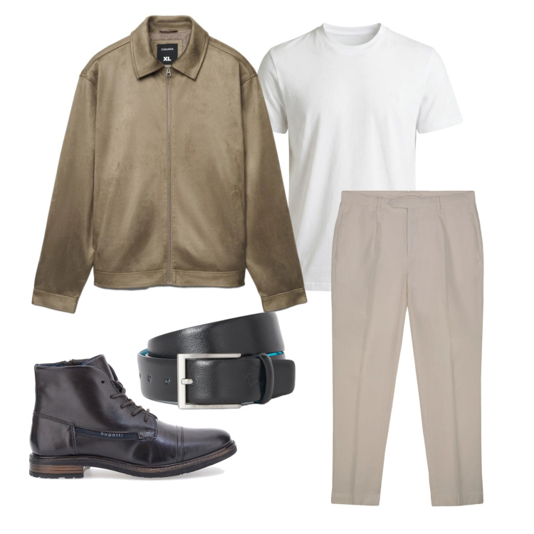 Outfit uomo - Marzo. Stile Trendy per Tutti i giorni. Abbinamento con t-shirt, cinture, giacche, stivali e stivaletti, pantaloni.