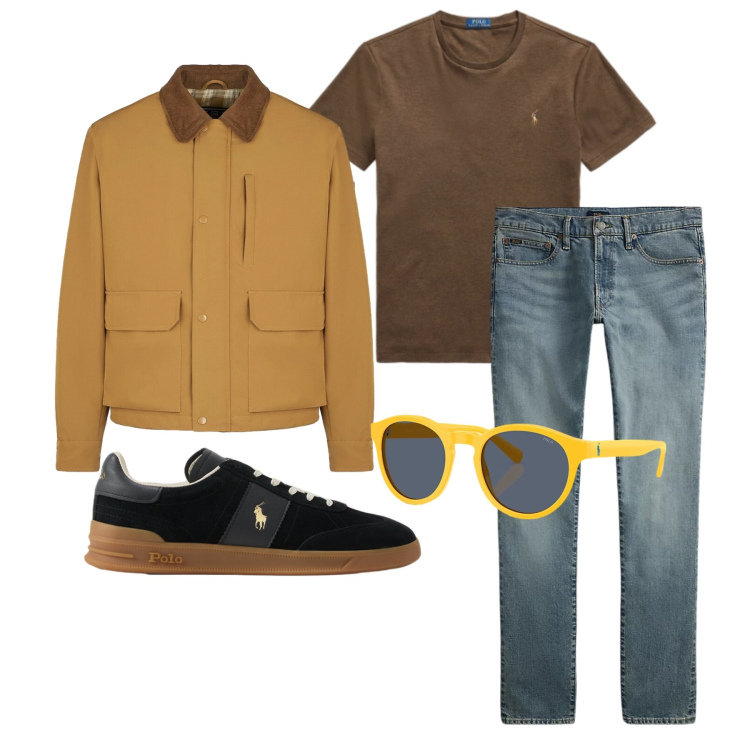 Outfit uomo - Marzo. Stile Trendy per Tutti i giorni. Abbinamento con piumini, t-shirt, jeans, occhiali da sole, sneakers.