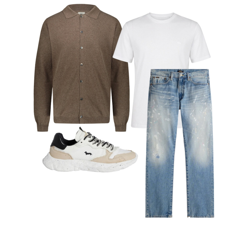 Outfit uomo - Marzo. Stile Casual per Tutti i giorni. Abbinamento con sneakers, t-shirt, jeans dritti, polo.