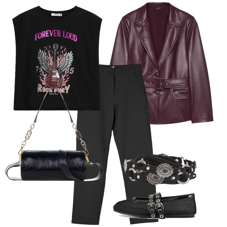 Outfit donna - Tendenza rock. Stile Rock per Serata fuori. Abbinamento con cinture, blazer, top, borse a mano, pantaloni chino, ballerine.