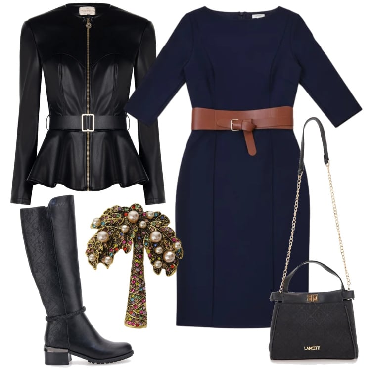 Outfit donna - Spilla. Stile Casual chic per Ufficio. Abbinamento con blazer, vestiti midi/longuette, giacche, borse a tracolla, stivali sopra il ginocchio.