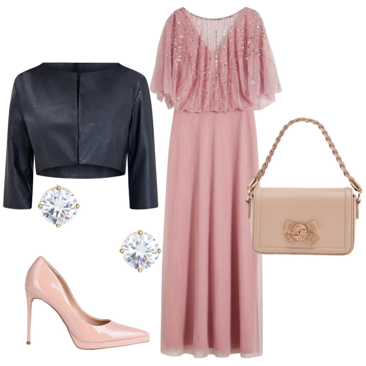 Outfit donna - Total look #2354016. Stile Romantica per Cerimonia. Abbinamento con décolleté, vestiti lunghi, bolero, pochette, orecchini.