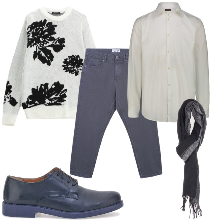 Outfit uomo - Aperitivo primaverile in jeans. Stile Casual per Tutti i giorni. Abbinamento con pullovers, jeans, sciarpe, camicie, scarpe stringate.