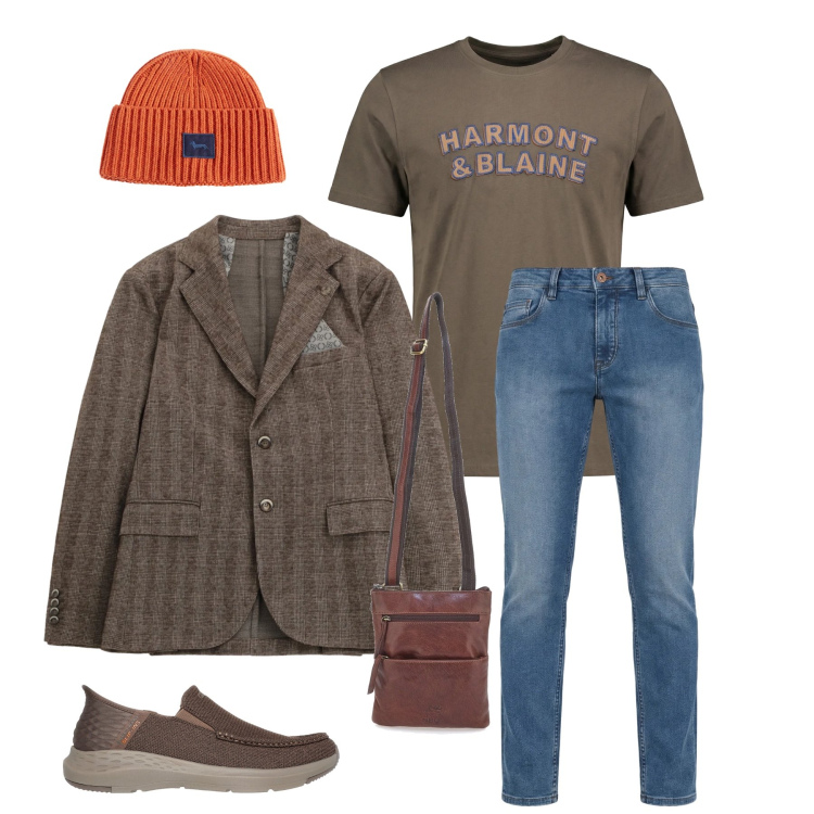 Outfit uomo - Urban Heritage & Earth Tones. Stile Urban per Tutti i giorni. Abbinamento con t-shirt, jeans, berretti, giacche, portafogli, sneakers.