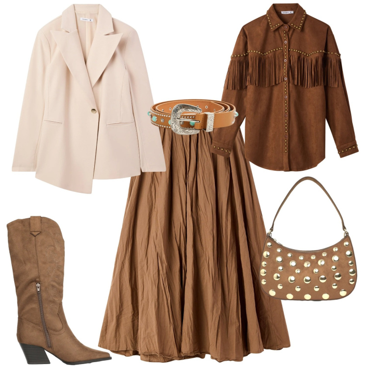 Outfit donna - Boho Far West. Stile Boho per Tutti i giorni. Abbinamento con gonne lunghe, blazer, cinture, stivali, borse a tracolla, camicie.