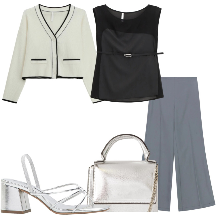 Outfit donna - Grigio ufficio. Stile Casual chic per Ufficio. Abbinamento con sandali col tacco, borse a tracolla, top, cardigans, pantaloni a palazzo.