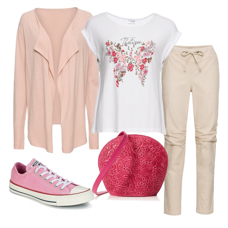 Outfit donna - Passeggiata in centro città. Stile Basic per Tutti i giorni. Abbinamento con cardigans, maglia farfalla bianco, pantalone cargo beige, scarpe rosa, shopping bag taglia unica.