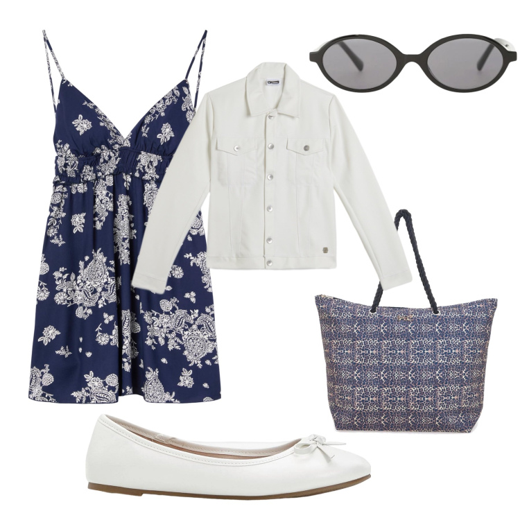 Outfit donna - Blu di stagione. Stile Casual per Tutti i giorni. Abbinamento con ballerine, vestiti corti, occhiali da sole, giacche, shopping bag.