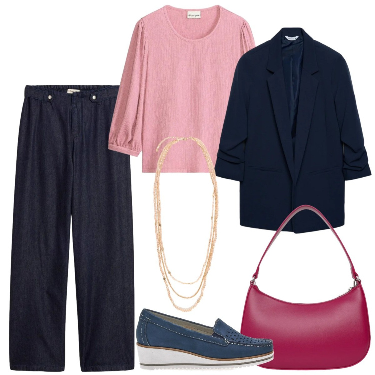 Outfit donna - Total look #2354048. Stile Mannish per Ufficio. Abbinamento con jeans dritti, maglieria, borse a tracolla, blazer, collane, mocassini.