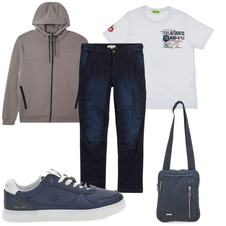 Outfit uomo - Total look #2354050. Stile Casual per Tutti i giorni. Abbinamento con jeans dritti, felpe con cappuccio, t-shirt, borse sportive, sneakers.