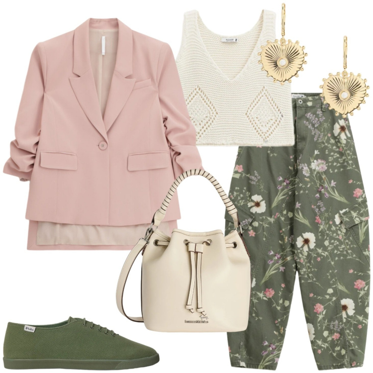 Outfit donna - Fiori e pastelli. Stile Casual per Tutti i giorni. Abbinamento con borse a secchiello, blazer, pantaloni cargo, top, orecchini, sneakers.