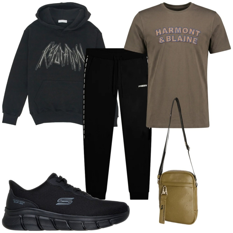 Outfit uomo - Total look #2354053. Stile Trendy per Sport. Abbinamento con t-shirt, borse sportive, pantaloni, felpe con cappuccio, sneakers.