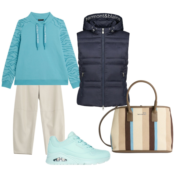 Outfit donna - La spesa di sabato. Stile Sporty chic per Tutti i giorni. Abbinamento con piumini, shopping bag, pantaloni, felpe, sneakers.