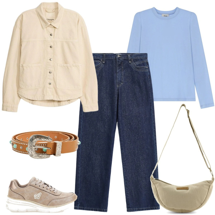 Outfit donna - Total look #2354057. Stile Casual chic per Tutti i giorni. Abbinamento con cappotti, cinture, t-shirt, jeans dritti, sneakers, borse a tracolla.