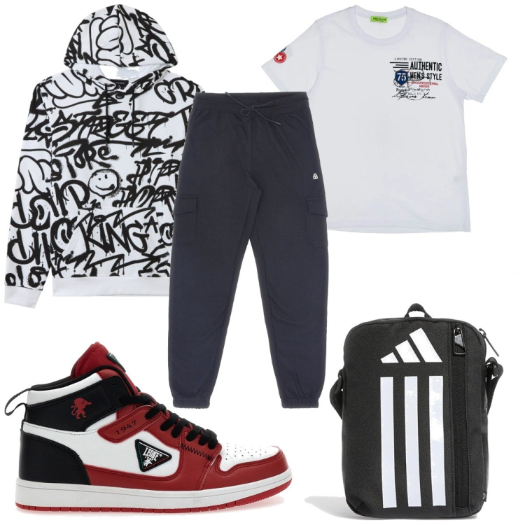 Outfit uomo - Total look #2354059. Stile Urban per Tutti i giorni. Abbinamento con felpe con cappuccio, t-shirt, sneakers, borse sportive, pantaloni cargo.