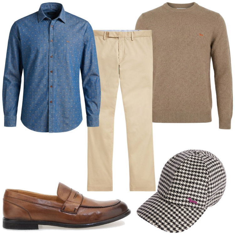 Outfit uomo - Total look #2354062. Stile Trendy per Tutti i giorni. Abbinamento con camicie, cappelli con visiera, pullovers, pantaloni chino, scarpe stringate.