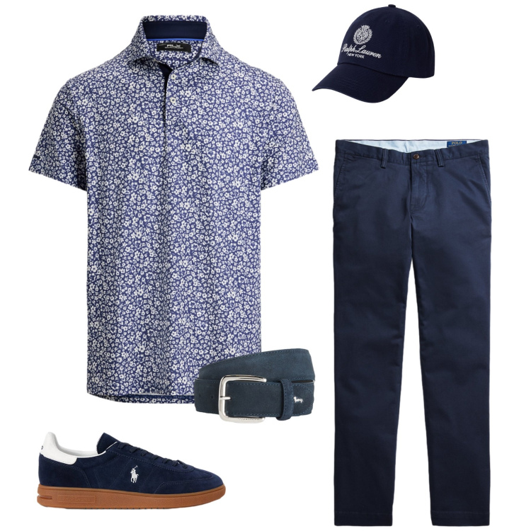 Outfit uomo - Blue Floral Heritage. Stile Urban per Tutti i giorni. Abbinamento con cinture, sneakers, cappelli con visiera, pantaloni chino, polo.