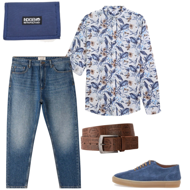 Outfit uomo - Urban Tropical Escape. Stile Urban per Tutti i giorni. Abbinamento con cinture, camicie, jeans, sneakers, portafogli.