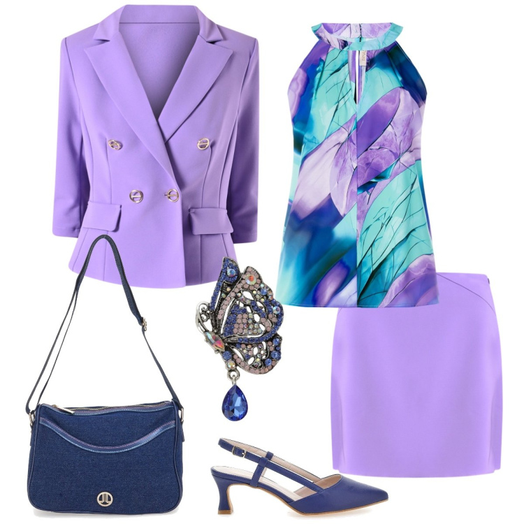 Outfit donna - Total look #2354067. Stile Chic per Serata fuori. Abbinamento con ciondoli, blazer, top, minigonne, décolleté, borse a tracolla.