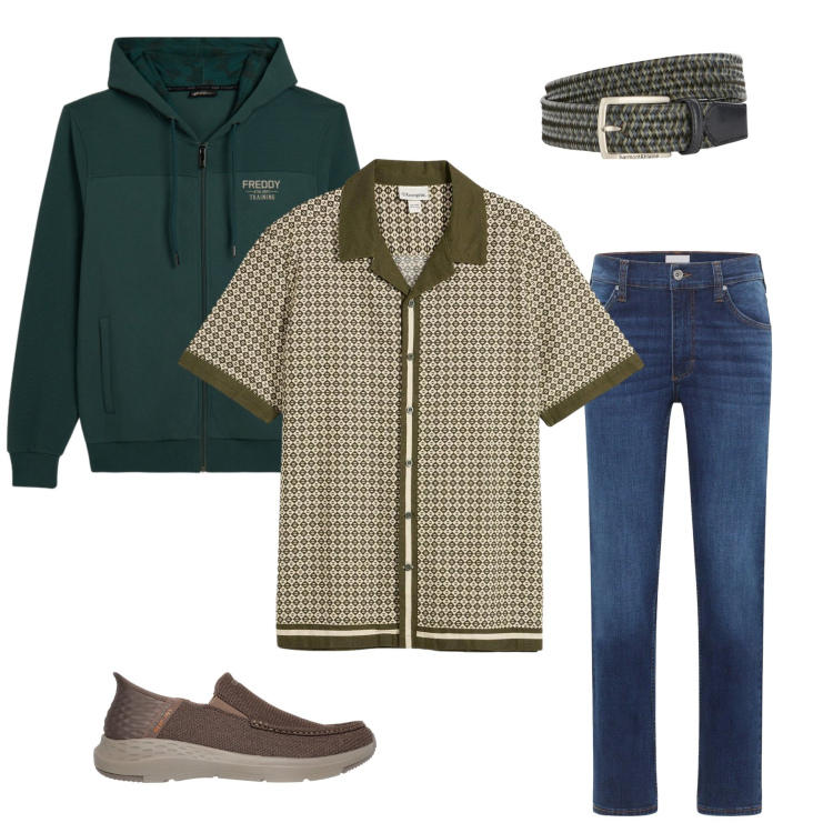 Outfit uomo - Retro-Active Green. Stile Trendy per Tutti i giorni. Abbinamento con camicie a manica corta, jeans dritti, cinture, felpe con cappuccio, sneakers.