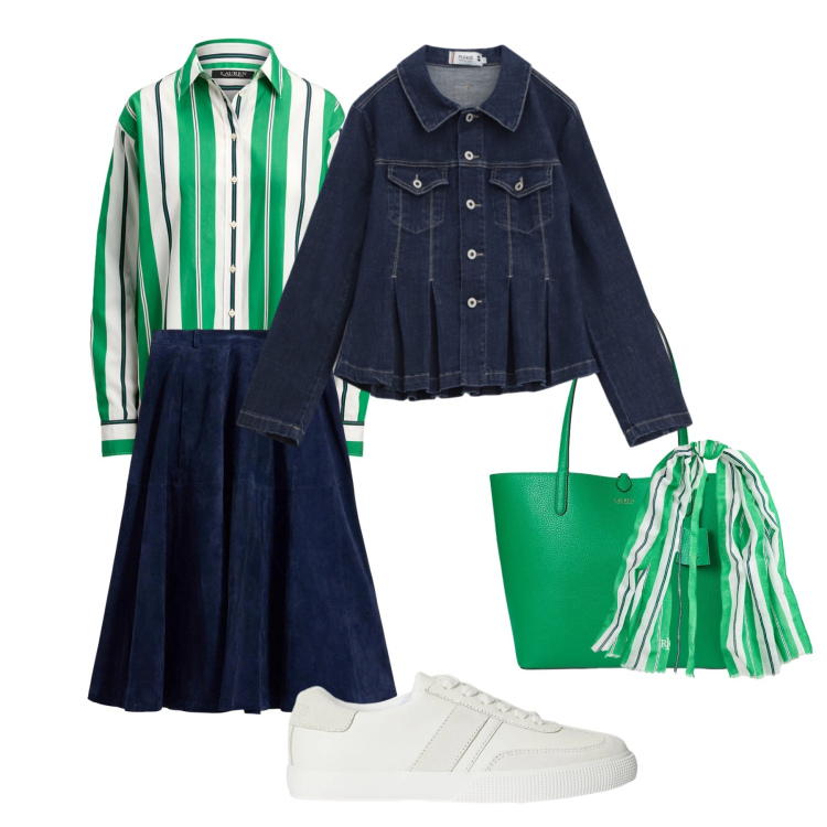 Outfit donna - Itala. Stile Casual chic per Ufficio. Abbinamento con gonne, blazer, sneakers, sciarpe, camicie, borse tote.