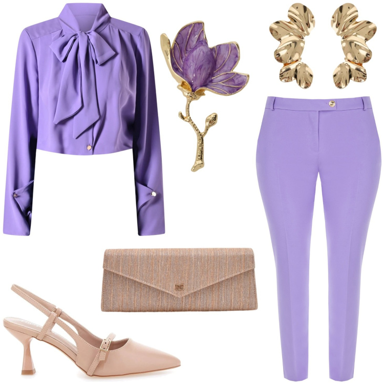 Outfit donna - Lillà. Stile Casual chic per Serata fuori. Abbinamento con orecchini, blazer, pochette, bluse, pantaloni, décolleté.