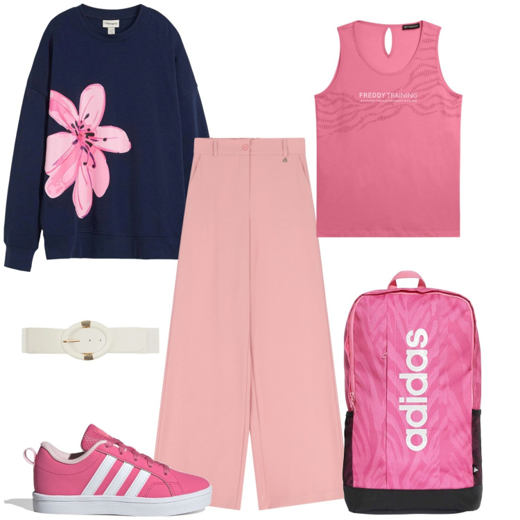 Outfit donna - Per le prime gite fuori porta. Stile Casual per Tutti i giorni. Abbinamento con felpe, cinture, pantaloni a palazzo, canottiere, sneakers, zaini.