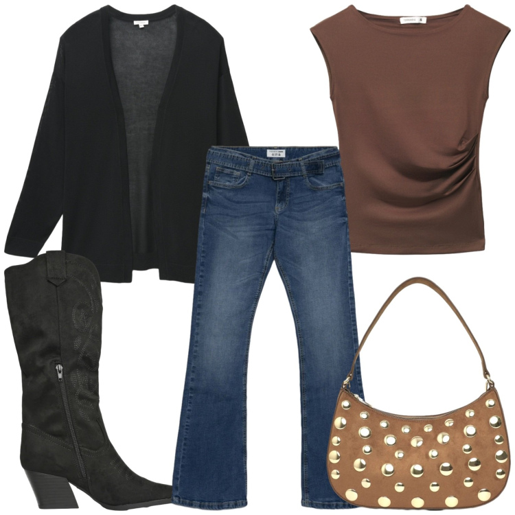 Outfit donna - Total look #2354075. Stile Casual per Tutti i giorni. Abbinamento con cardigans, jeans a zampa, t-shirt, stivali, borse a tracolla.